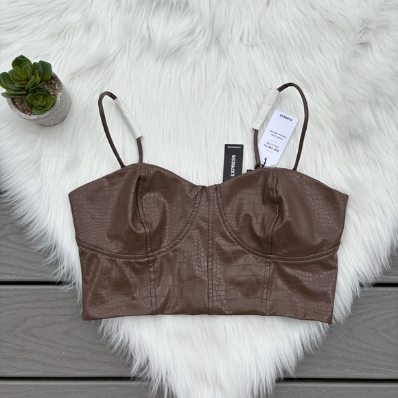 Express Faux Leather Brown Cropped Top - Picture 1 of 3